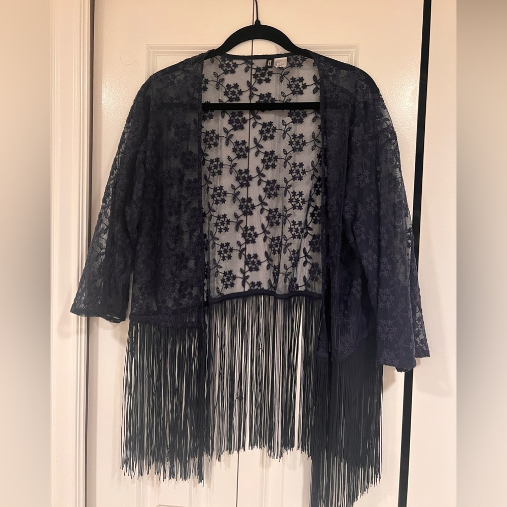 H&M Lace Fringe Kimono Embroidered Navy Cropped